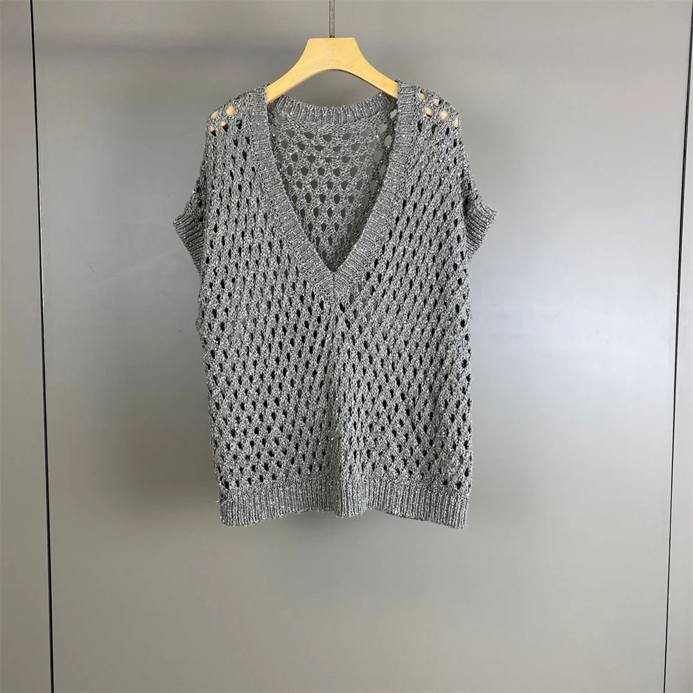

New Spring/Summer Clothes V-neck Hollow-out Tops Sequin Knit pullover Top for Fashionable Commuter Women