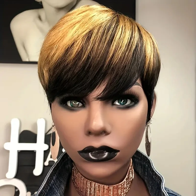 

Женский парик из синтетического волокна, машинной работы, с короткими волосами, золотисто-черный с градиентом, подходит для повседневной носки.