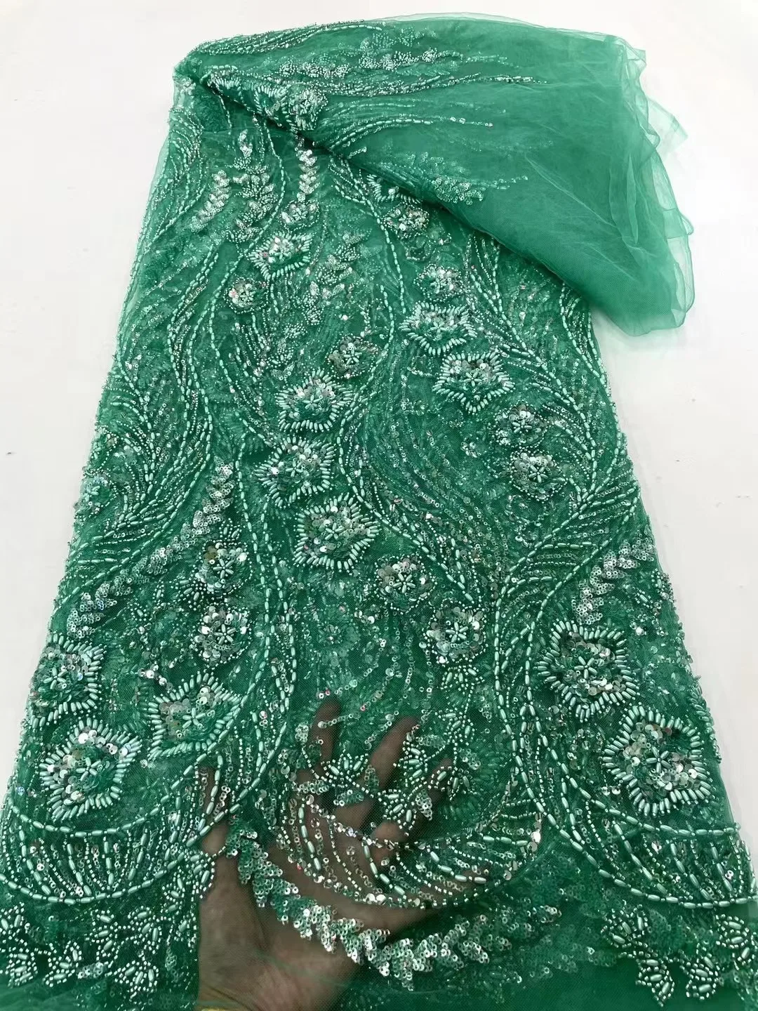 

Fashion Green African Net Lace Sequin Fabric Luxury Handmade Beaded Embroidery Tulle Mesh Lace Fabrics Nigeria Wedding