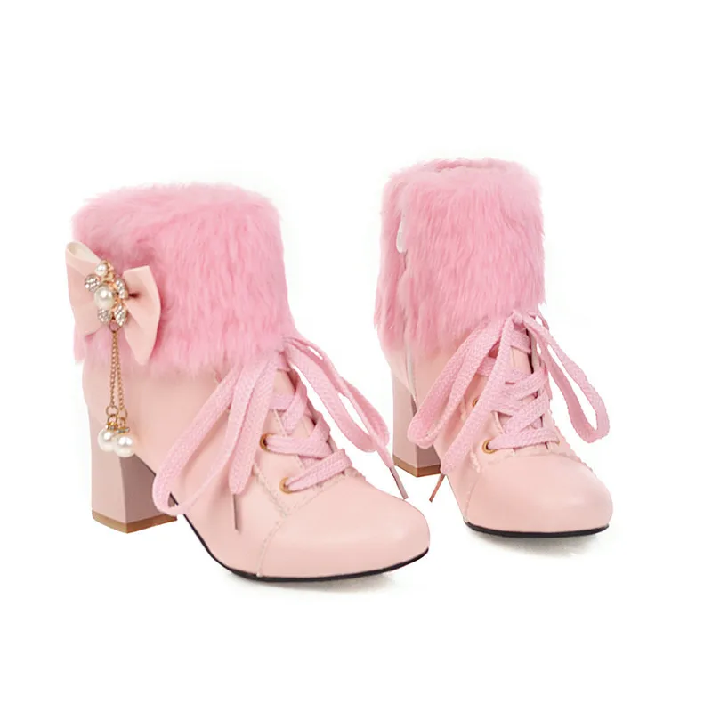 Size29-43Lolita Girls Winter Boots Pink Women Fur Butterfly-Knot Lovely Ladies High Heel Short Boots Cosplay Party Wedding Shoes