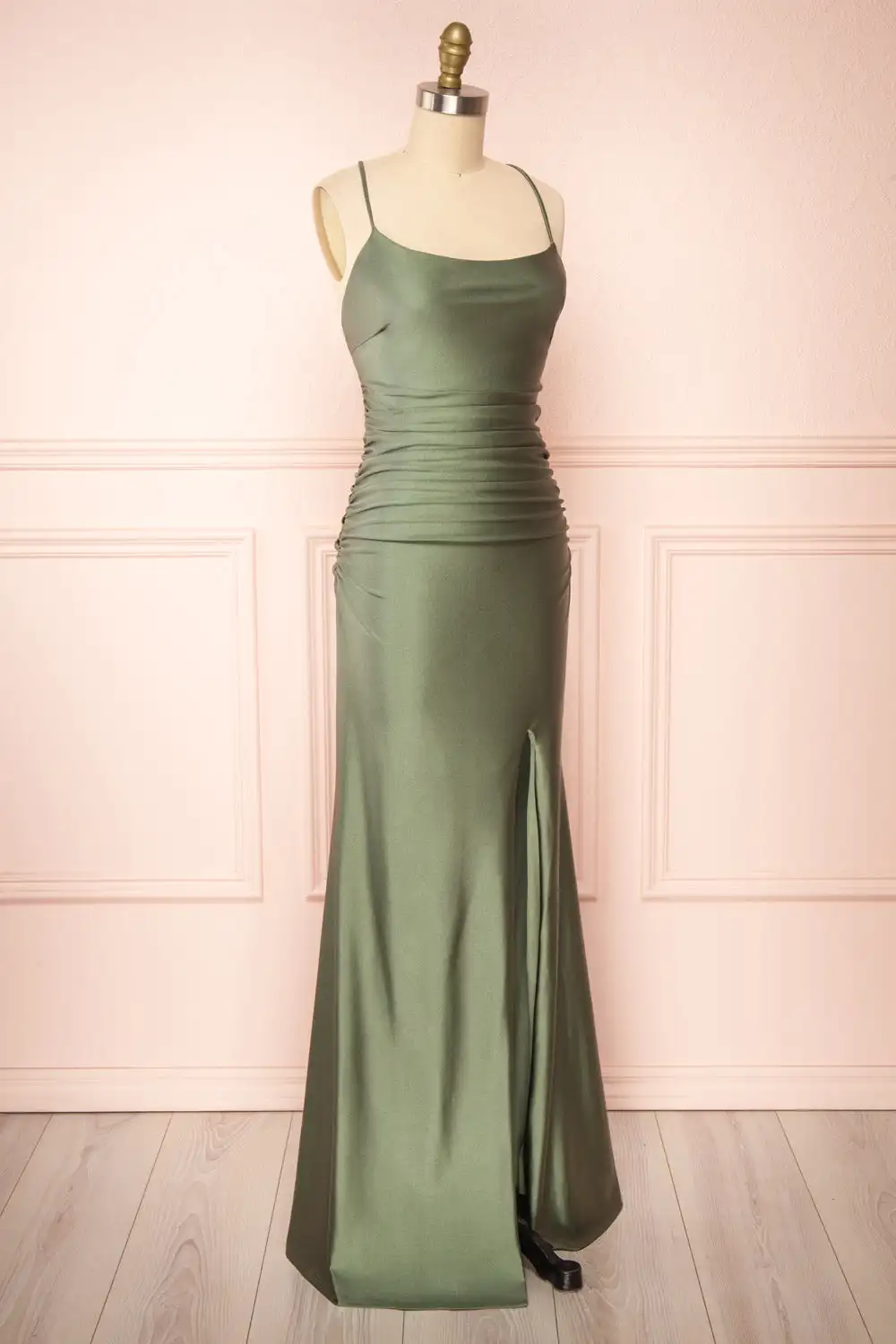 Olive Green Spaghetti Straps Evening Dresses Satin Elegant Bodycon High Split Backless Cocktail Dress Simple Wedding Party Gowns