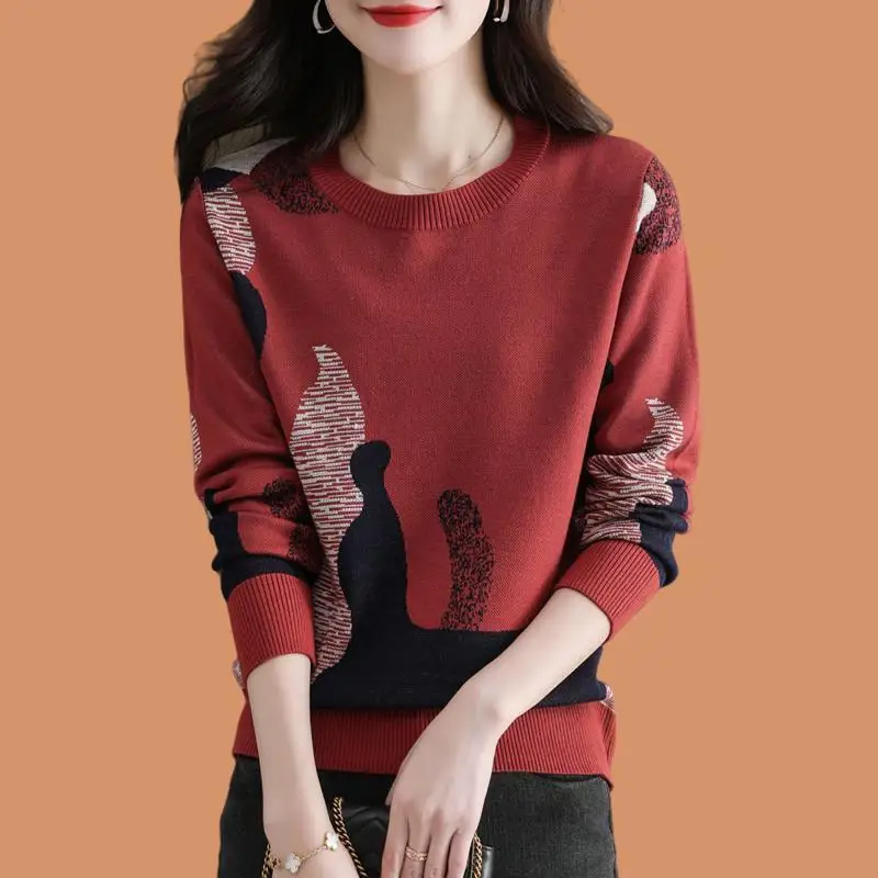 Vintage All-match Contrast Sweaters Autumn Winter Long Sleeve Plus Size Loose Casual Pullovers Top Elegant Office Women Clothing