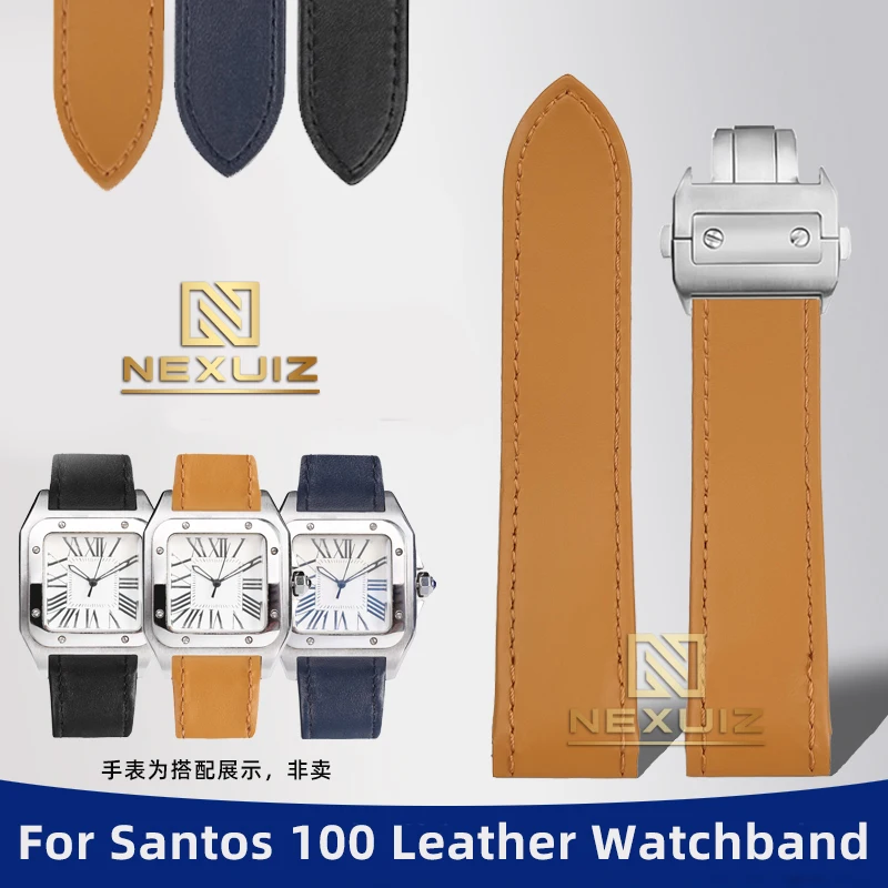 For Santos 100 De Cartier W20073X8 W20107X7Cowhide Leather Watchband 23mm Simple Plain Leather Strap Folding Buckle Bracelet