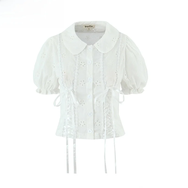 

Spring New Sweet Embroidered Hollow out Belted Doll Collar Bubble Sve Women's irt Faionable Versatile ort Sve Top