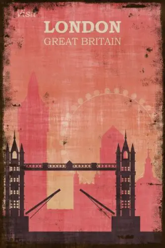 علامة معدنية على الطراز العتيق ، مدينة لندن ، إعلان سفر كبير في بريطانيا ، نظرة المسنين