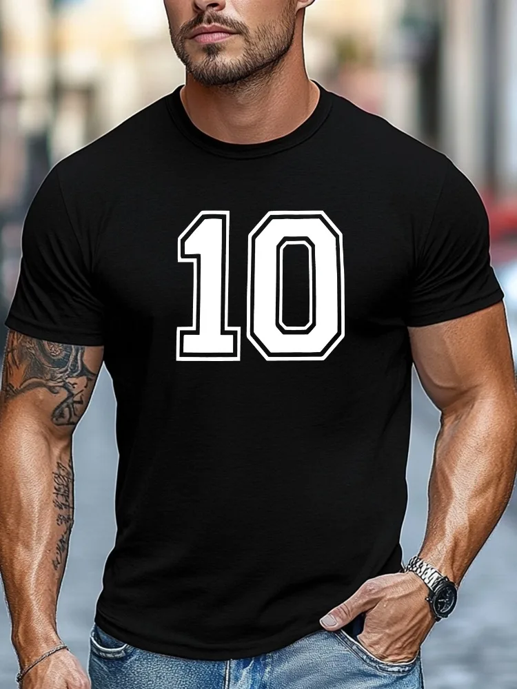 Men Khaki Crew Neck Tee Retro Varsity Number 10 Double Outline White Digit Graphic Soft Short Sleeve Sport Fan Loose Male Tops