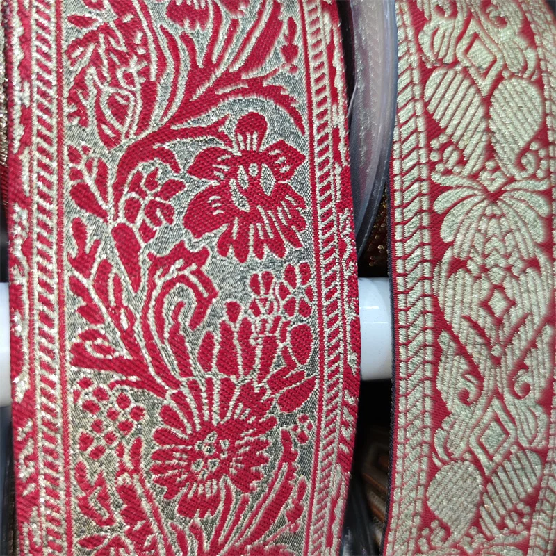 Red Flowers Gold Thread Lace Trim Jacquard Ribbons For Bag clothing