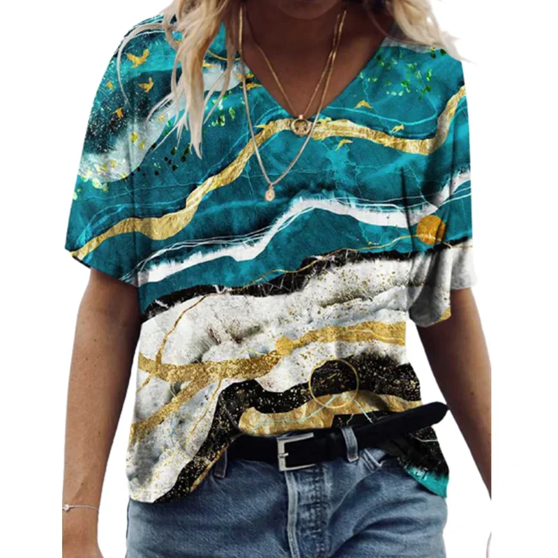 

Women's Fashion V Neck Short Sleeve 2024 Trendy Casual Versatile Clothing 3D Colorful Print T-Shirt Fashion Retro Top