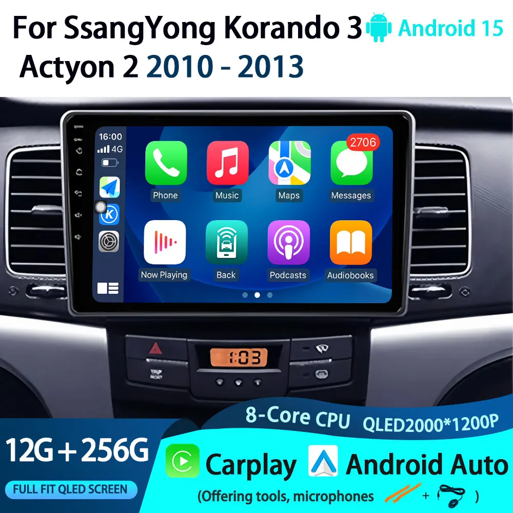 

Carplay For SsangYong Korando 3 Actyon 2 2010 - 2013 Android 15 Car Radio Stereo Multimedia Video Player no 2 din RDS Head Uni