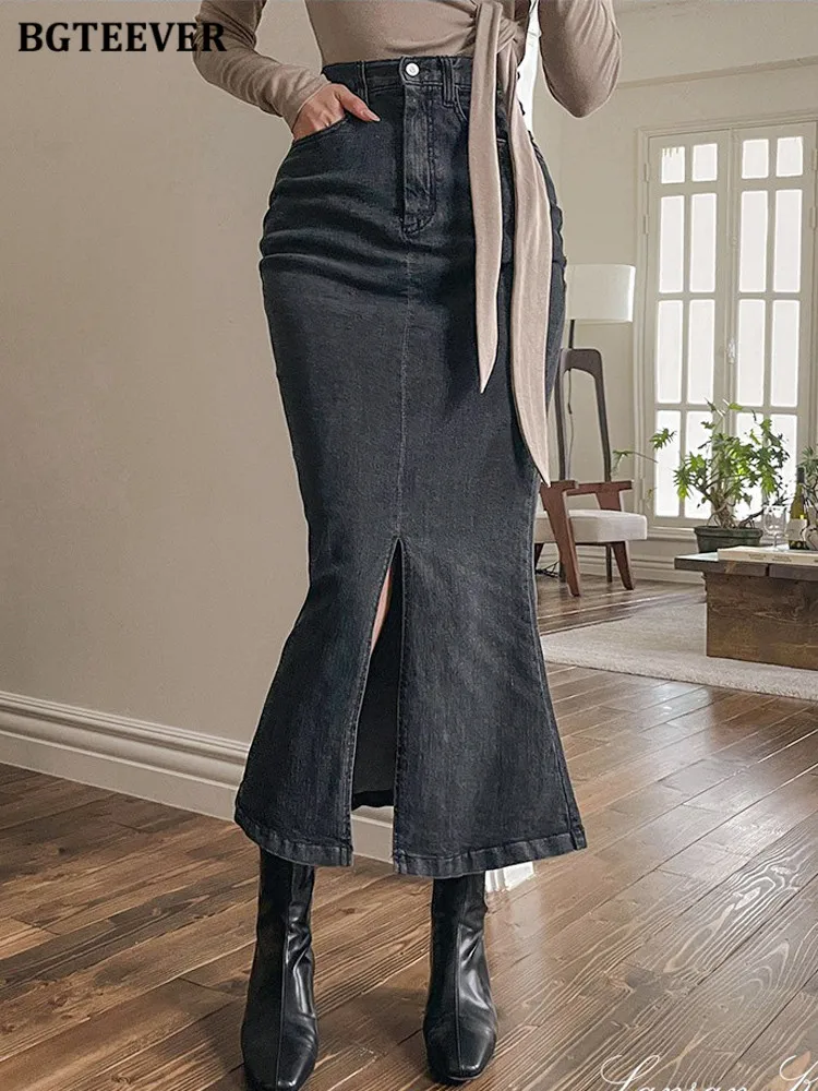 

BGTEEVER винтажные длинные облегающие джинсовые юбки с высокой талией и одной пуговицей, женские стильные тонкие джинсовые юбки русалки с разрезом, женские юбки