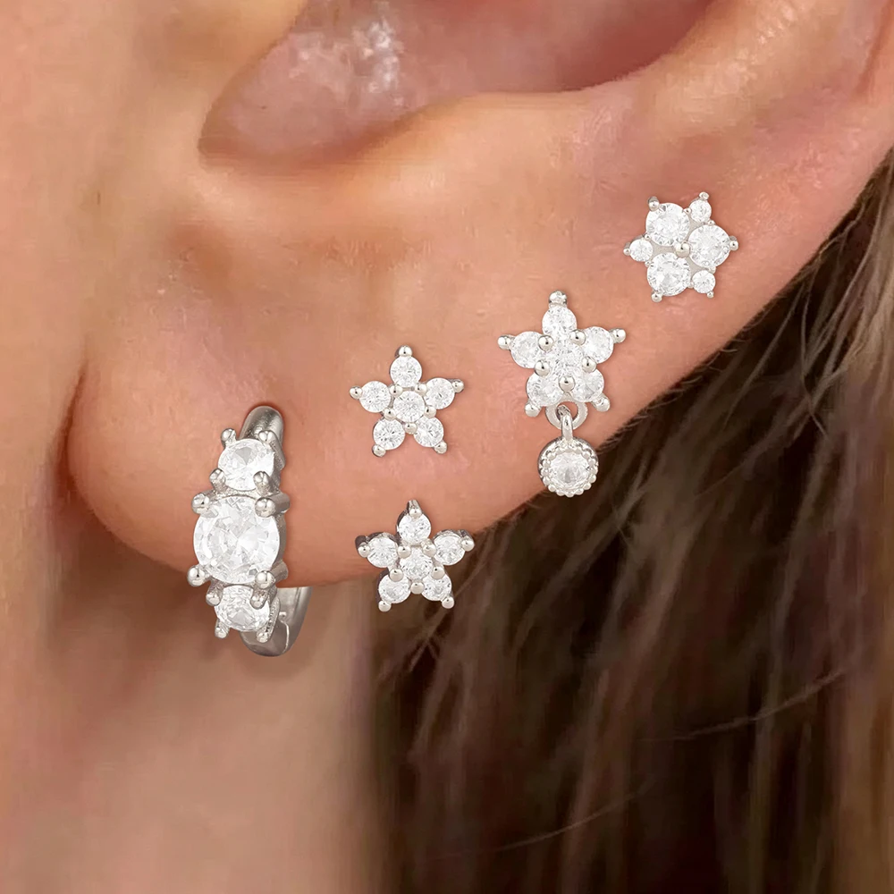 4-teiliges/8-teiliges Set französischer Design-Zirkon-Doppelblumen-Ohrhänger für Damen, geometrische Creolen, koreanischer Modeschmuck – Detail 4
