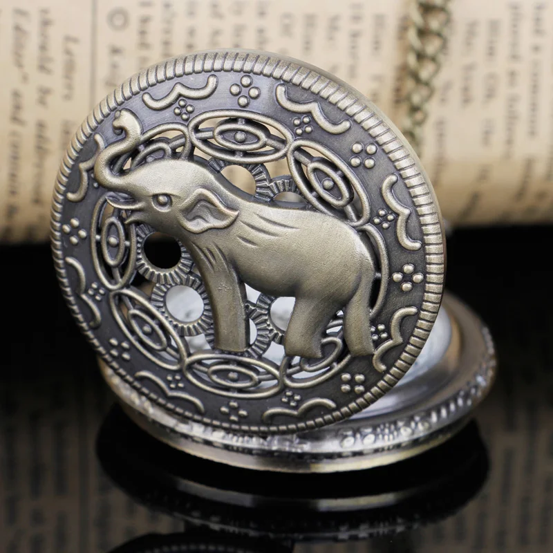 Vintage Elephant Hollow Digital Dial Quartz Steampunk Pocket Watch Men's and Women's Necklace Pendant with Chain Jewelry Gift