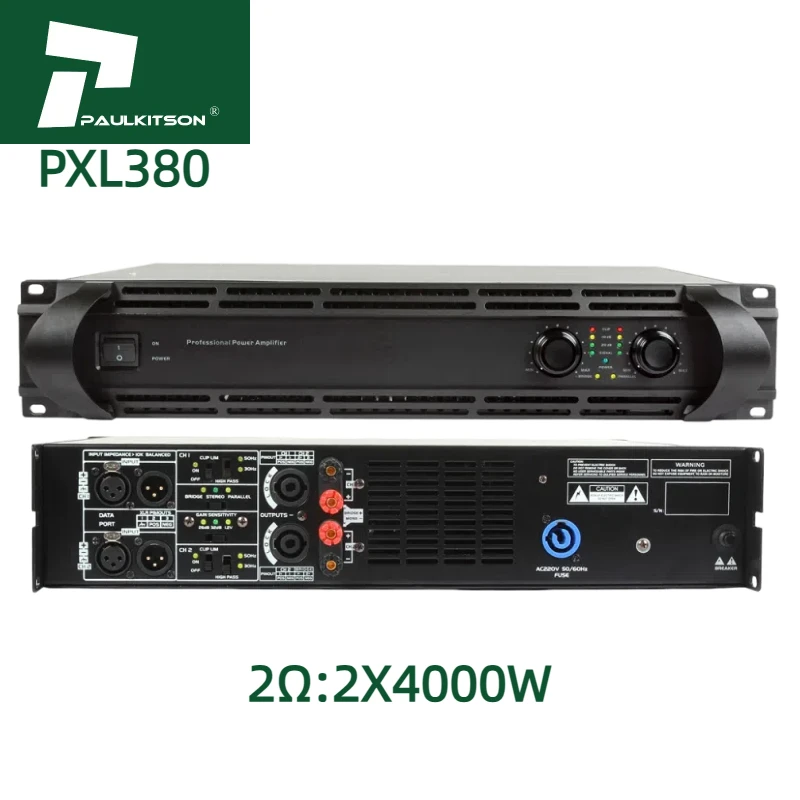 Paulkitson Professional Class D Power Audio Amplifier PXL380 2/4/8 Ohm Stereo Sound Bass Subwoofer Metal XLR Stage Karaoke