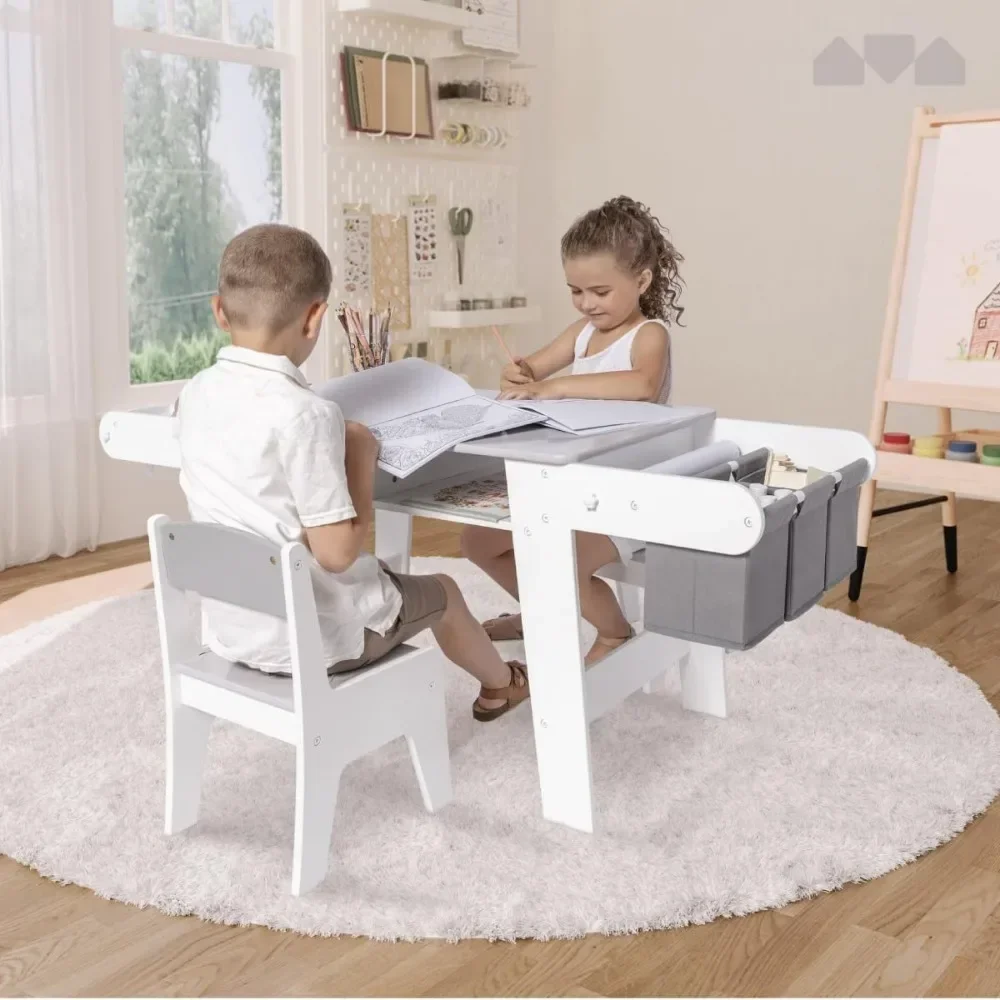

A Kids Art Table Set with Chairs for Playroom, Toddler Craft and Play Wood Activity Table with Storage Bins and Paper Roll