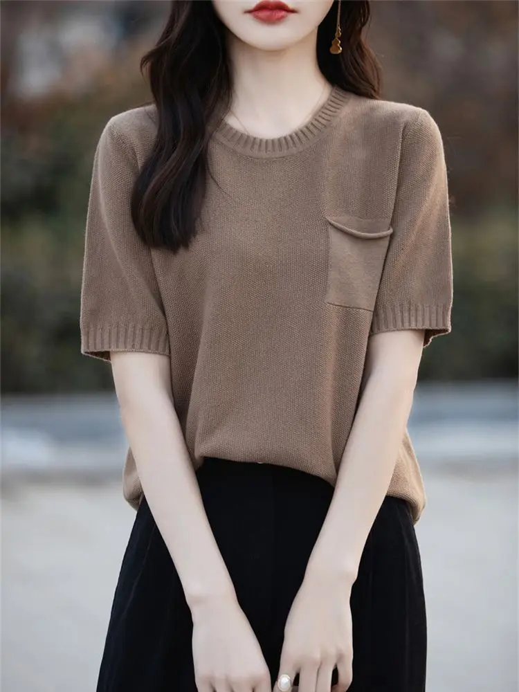 فضفاض التخسيس جولة Ne الحرير الجليد ort Sve تي شيرت المرأة الصيف رقيقة كيت تصميم محبوك أعلى الكورية Sle لباس غير رسمي