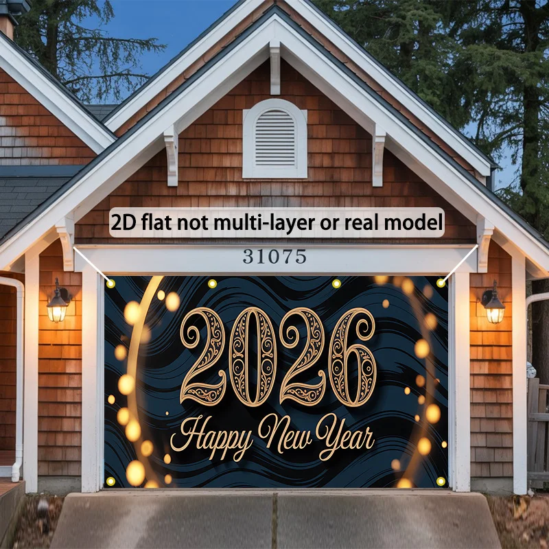 خطة ثنائية الأبعاد، قطعة واحدة من علم باب السنة الجديدة السعيدة لعام 2026 - مصممة في عطلة الذهب والأزرق مع الألعاب النارية