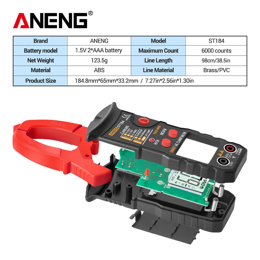 ANENG ST184 Multimeter Clamp Meter True RMS Digital Multimeter DC/AC Voltage Detector AC Amp Meter with Capacitance NCV Diode