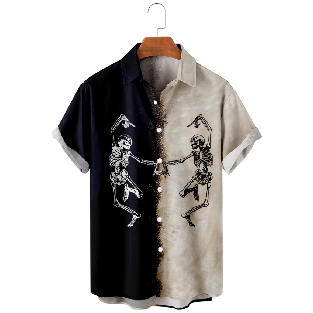 Casual Shirts for Men Dance Skeleton Print Shirts Short Sleeve Patchwork Design Summer Beach Vacation Tops Breathable