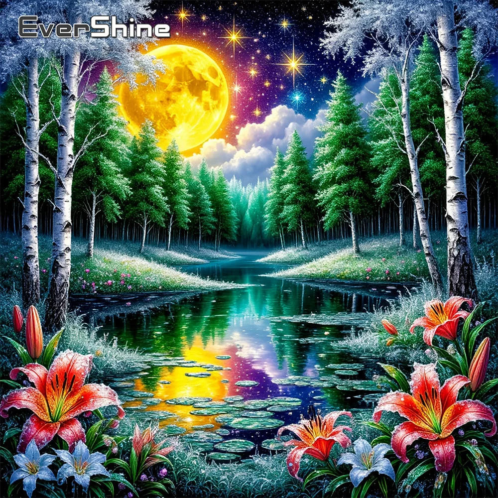 EverShine Diamant-Stickerei Landschaft Vollquadrat-Mosaik Wald Bäume Strass-Bild Lilie Diamantmalerei Mond Heimdekoration