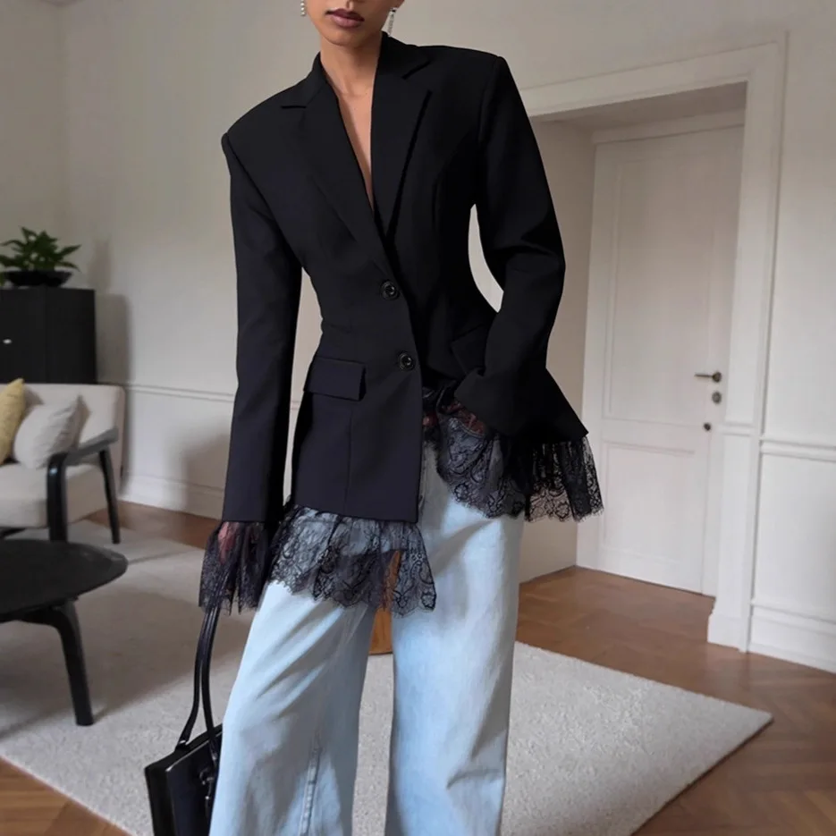 Black  Women's Lace Panel Lapel Long Sleeve Cropped Jacket Dressy Casual Office Wear Fall Winter Top 2025 New