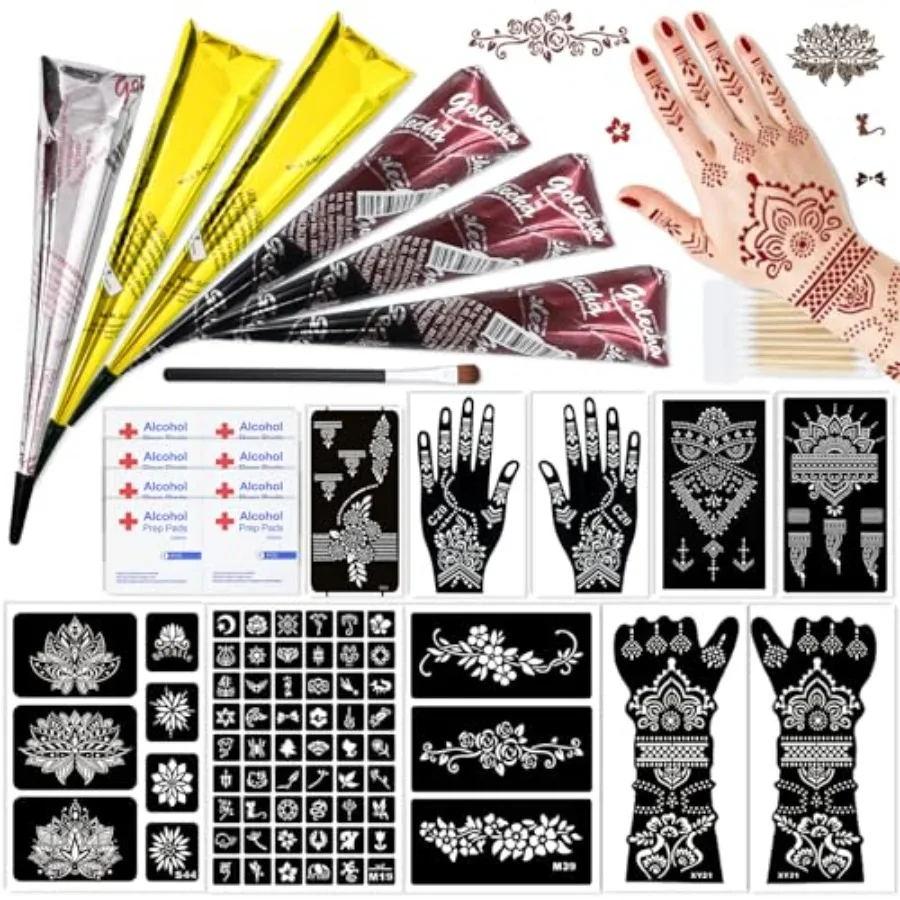 

Набор временных трафаретов для татуировок с 10 листов, 6 шт. конусов для татуировки черного, коричневого, вишнево-красного цвета В комплект входит кисть и ватные палочки для DI