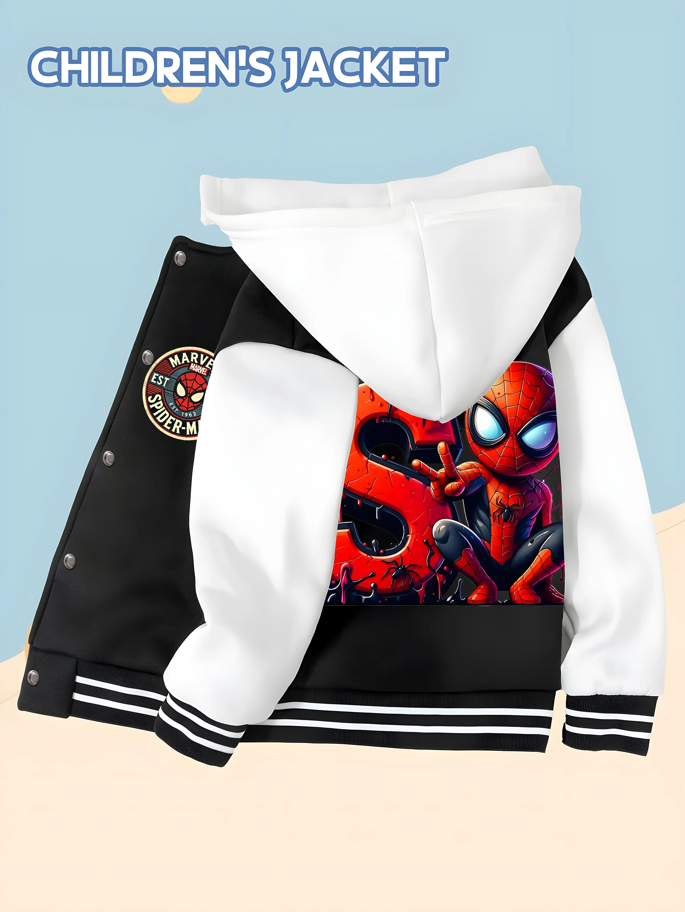 

MINISO Trendy Spider-Man boys' baseball jacket with cool hero pattern and hooded baseball style, fashionable and childlike
