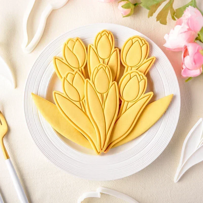 Mother's Day Large Size Tulip Cookie Cutters Flower Bouquet Frosting Biscuit Fondant Embossing Mold Handmade Baking Tools