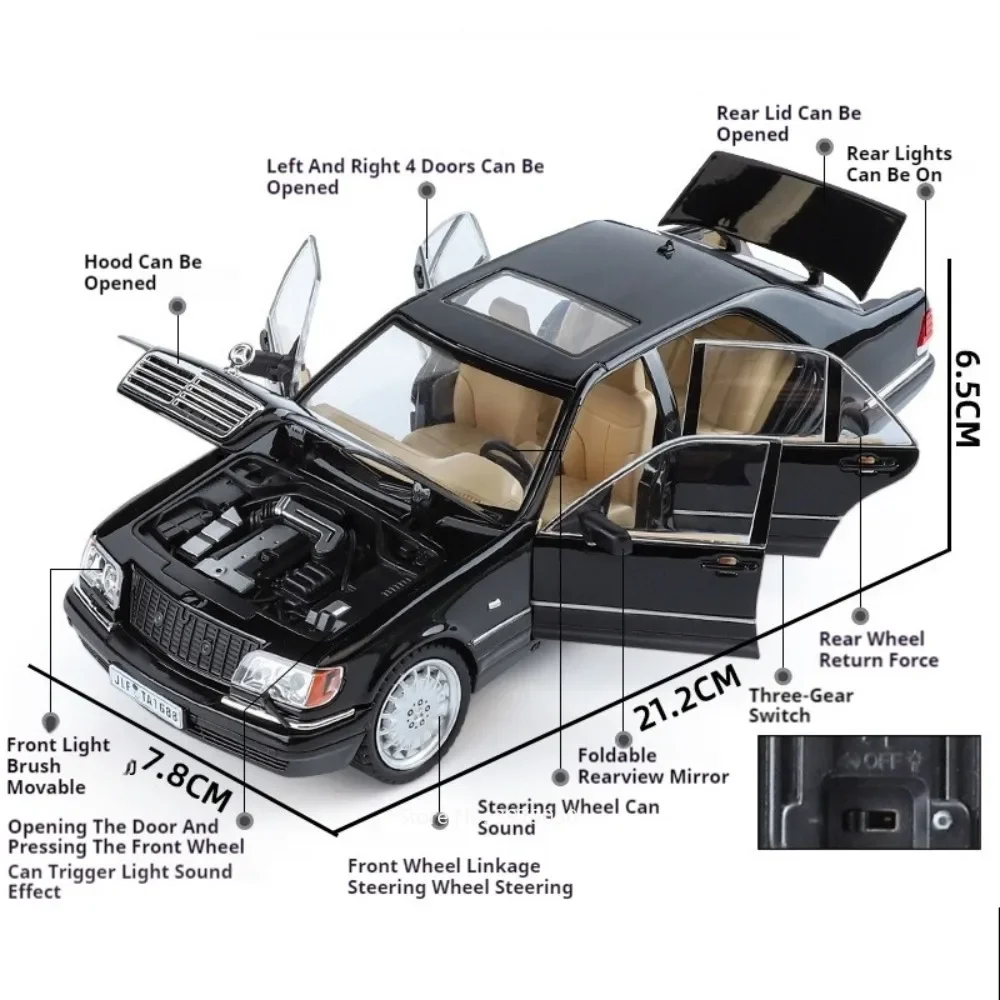 1:24 Benz W140 320SEL Spielzeug-Miniaturautomodelle, Legierungsdruckguss mit Sound-Licht, Auto-Rad-Rückziehfahrzeug, perfektes Geschenk für Jungen