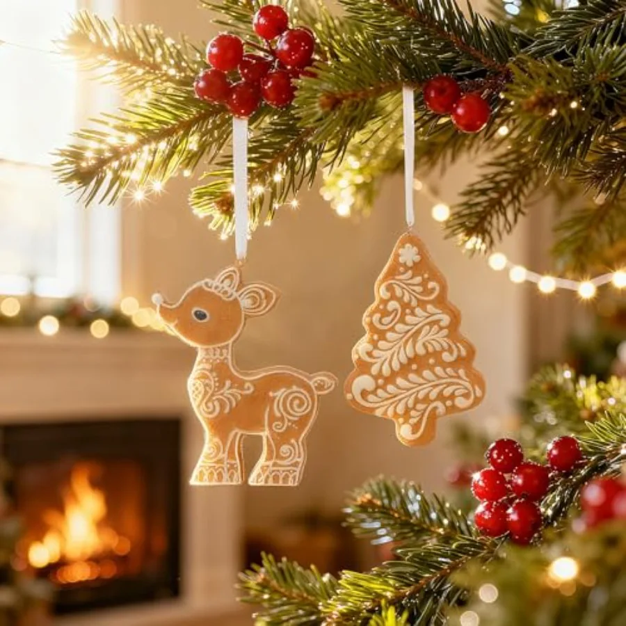 Lebkuchendekorationen, Weihnachtsschmuck – 2 Stück, Kunstharz-Lebkuchenbaum und Hirsch, Weihnachtsbaumschmuck für Party im Innenbereich, D