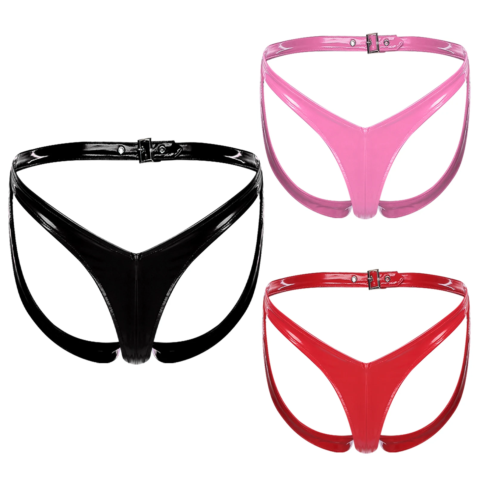 

Womens Patent Leather Micro Panties Wet Look V-shaped Buckled Waistband Open Butt Underwear Nightclub G-strings Bikini Briefs