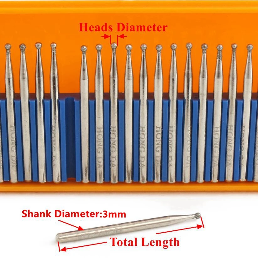 30 Pcs Bur Diamond Grinding Head Round Shape 1 2 3mm Bits Coated Ball Carving Burrs Shank 3 Tools for Stone