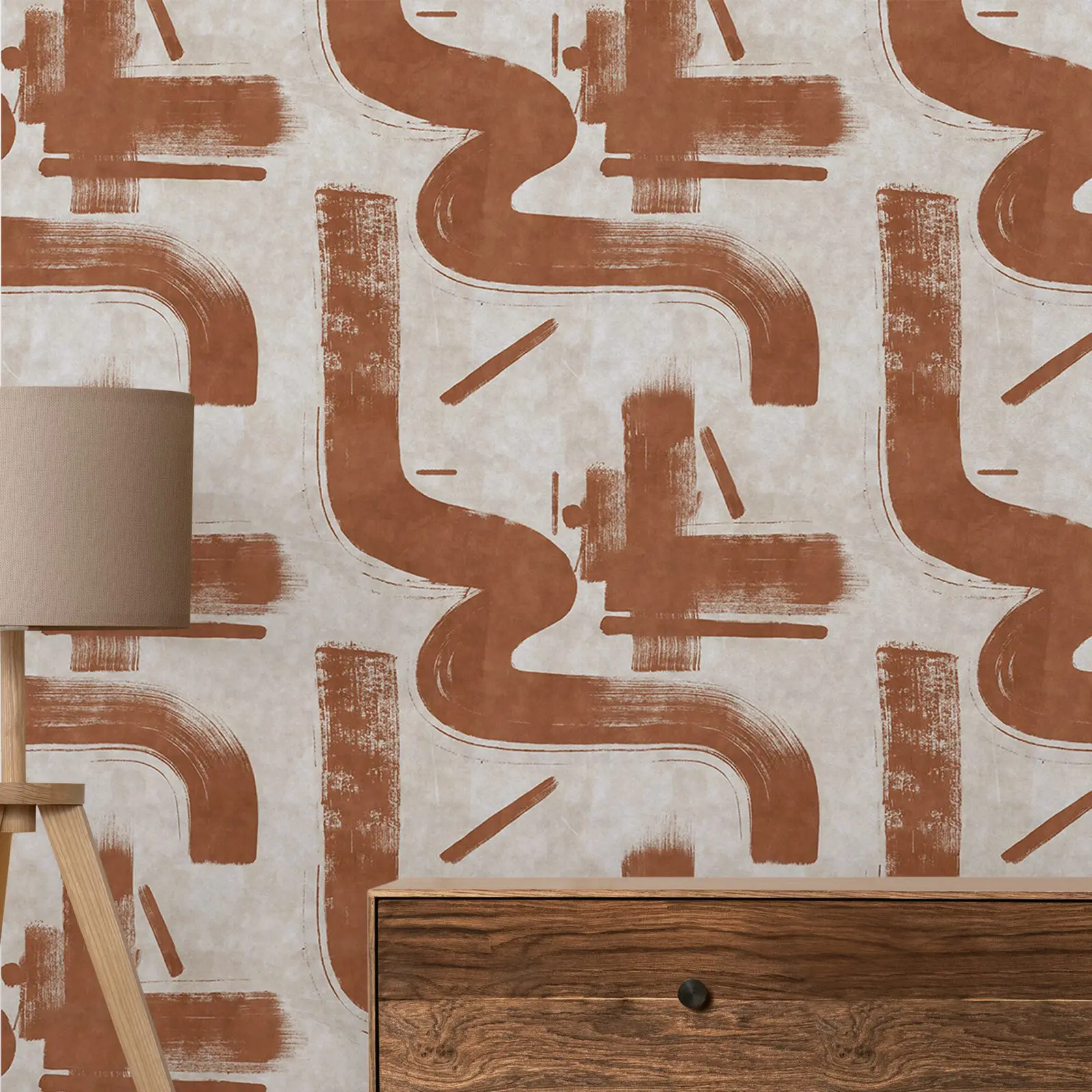 Handdrawn Brush Lines Wallpaper, Brown Minimalist Light Abstract Brush Strokes Boho Modern Wall Paper