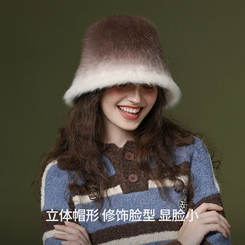 Knitted Rabbit Fur Cold Autumn Winter Gradient Rabbit Warm Fisherman Hat Women Outdoor Cycling Cold Ear Protection Cap Female