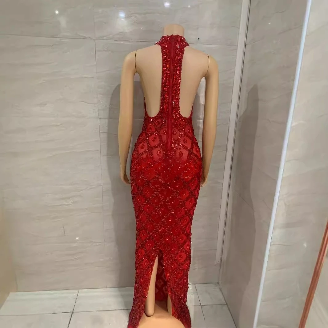 Costume Shiny Diamond Brown Mesh Ladies Temperament High-end Temperament Celebrity Birthday Evening Dresses Woman Elegant Luxury