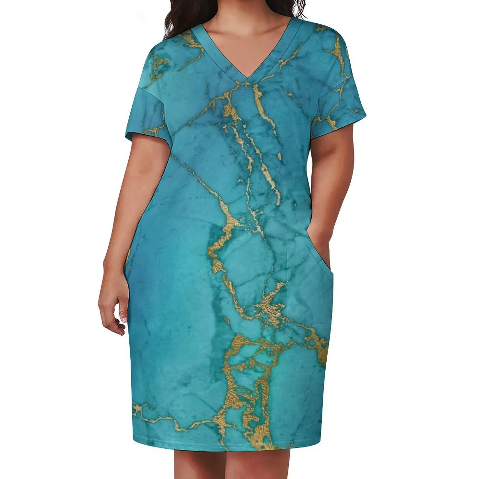 Blue Gilded Marble Loose Pocket Dress summer dress Beachwear birthday dress for women luxury 2024