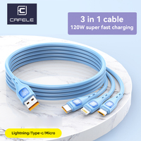 CAFELE 120w Multi Charger Cable for iphone 16 15 14 13 12 11 USB to Micro Type C Lightning Port 3 in 1 Fast Charging Data Cord