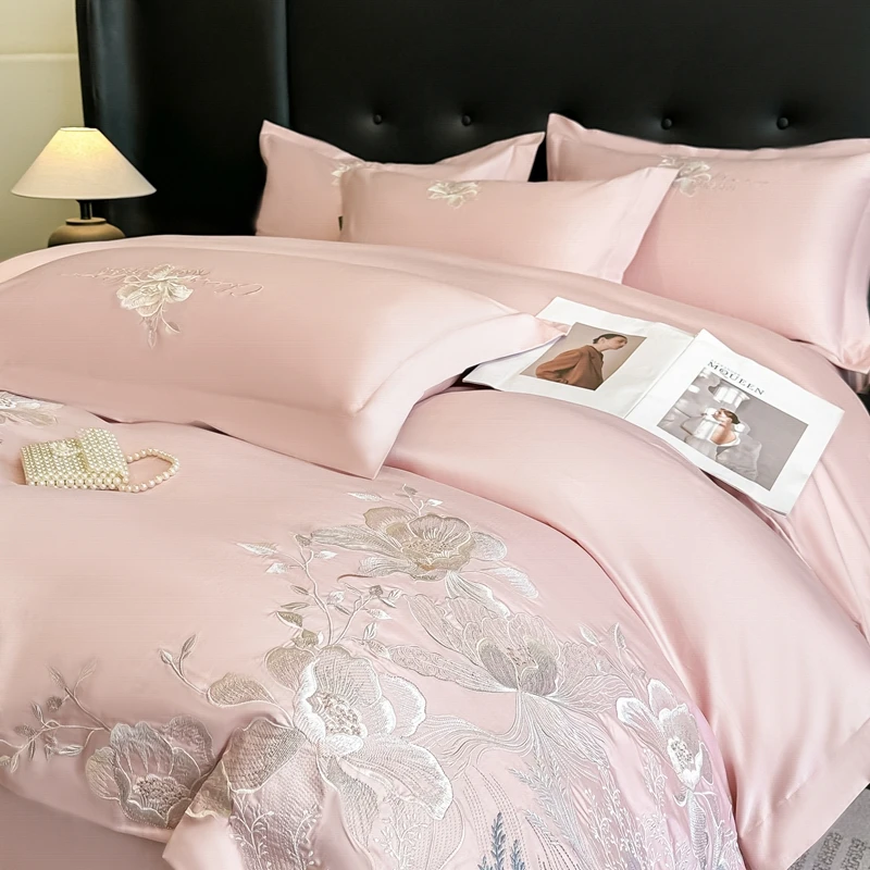 100% Cotton Flowers Embroidery Luxury Bedding Set Double Queen King Size Duvet Cover Set  Flat/Fitted Bed Sheet Pillowcase 4Pcs