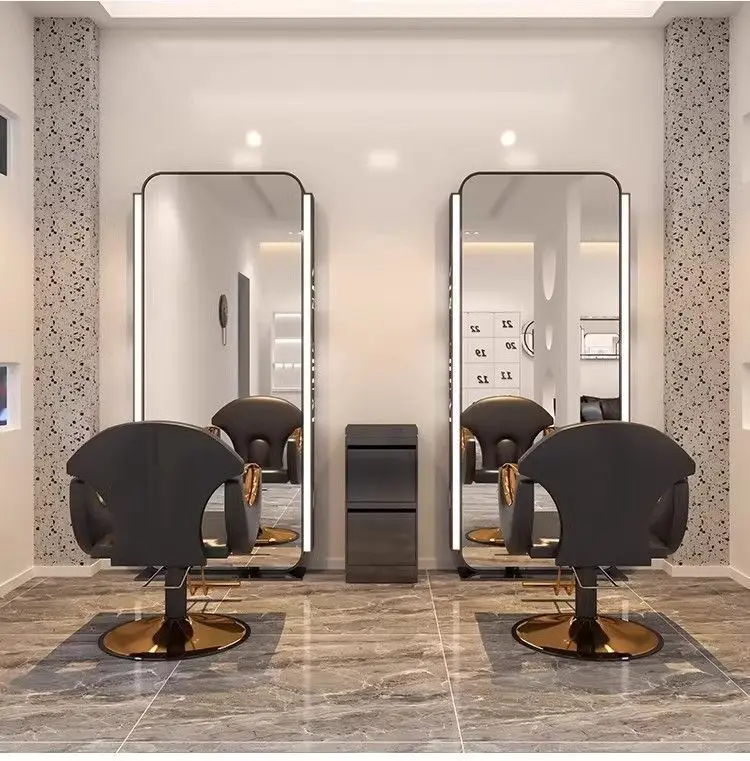 Hairdresser mirror Stainless steel full body double-sided mirror with light