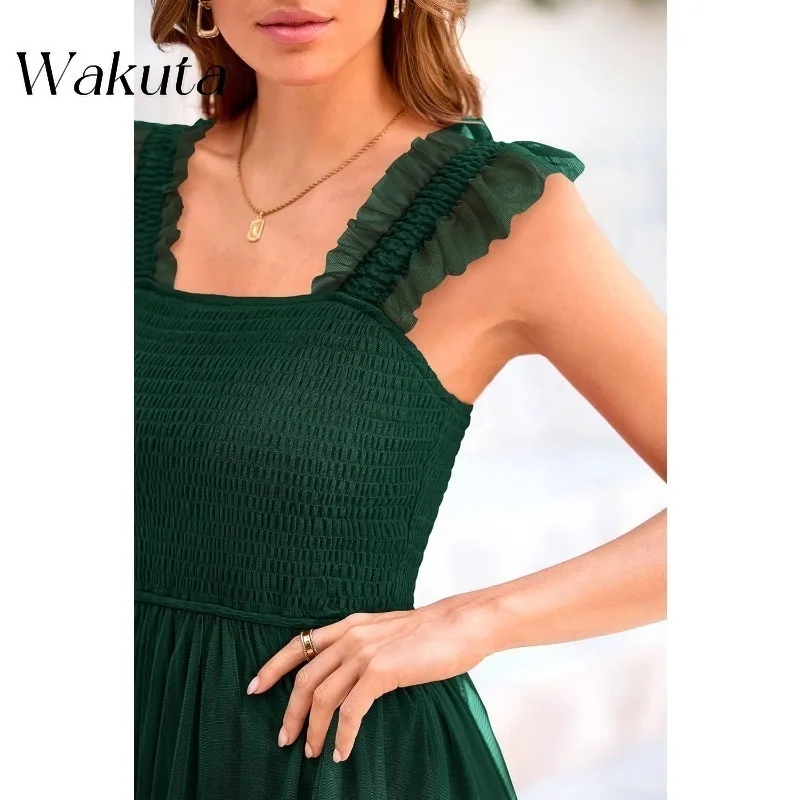 Wakuta French Retro Strapless Sleeveless Solid Bridesmaid Guest Robe Casual Backless Ruffled Edge Chiffon Flowing Beach Vestidos