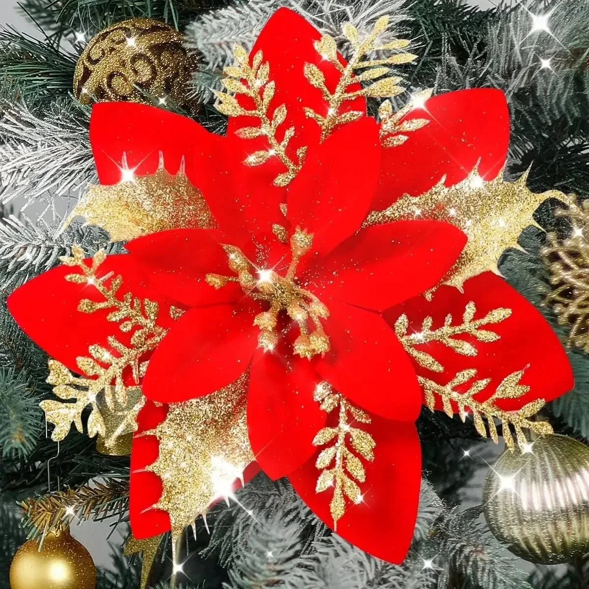 50/3pcs 14cm Glitter Christmas Flowers Artificial Poinsettia Flower Head Xmas Tree Ornament Home Decoration Navidad New Year