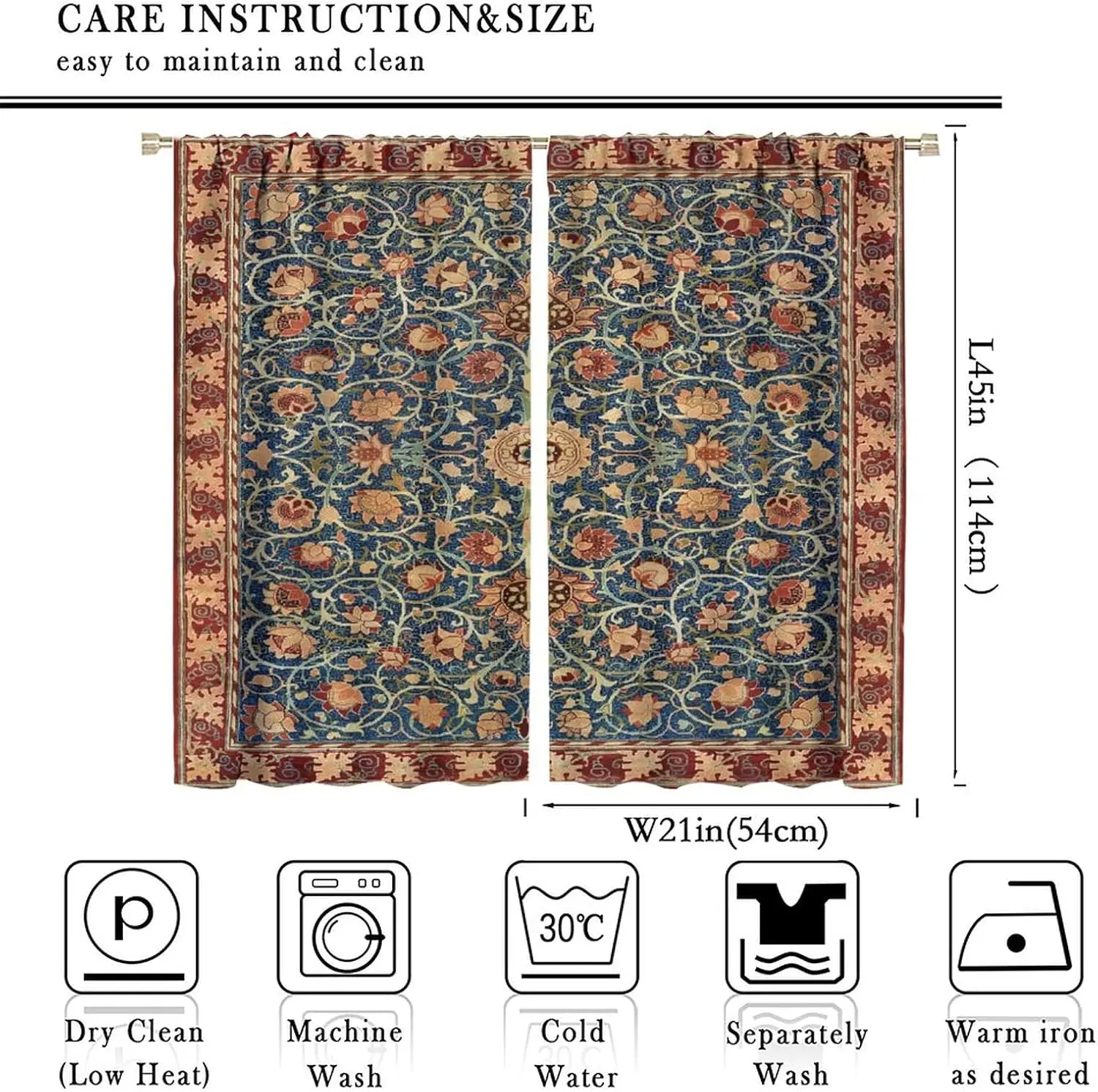 Elegant Blue Floral Damask Curtains Light Filtering Drapes Ornate Mediterranean Style Window Panels for Living Room Bedroom Home