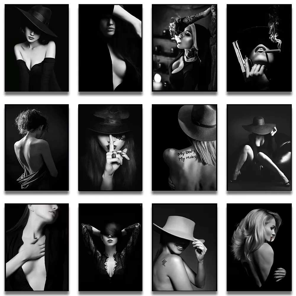 (Pintura en lienzo 2D) Pintura en lienzo de arte moderno con figura femenina fumando, desnuda y sexy, en blanco y negro, póster decorativo para el hogar