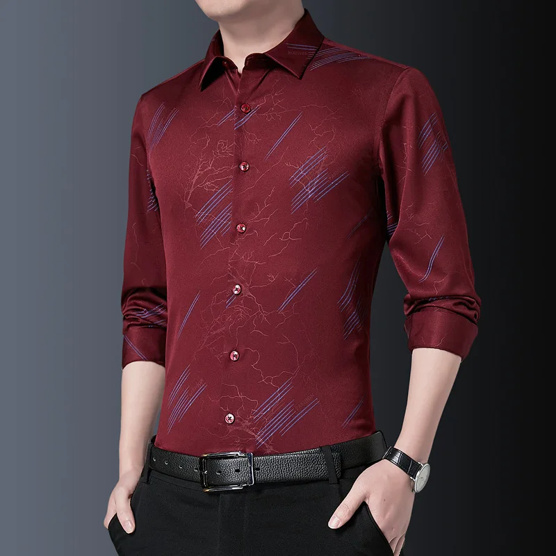 

Fashion Print Mens Shirts 2022 Long Sleeve Slim Fit Casual Business Shirt Turn-Down Collar Social Office Work Shirt Men