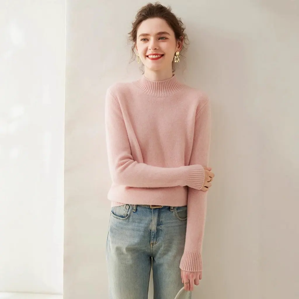 

Women's Cashmere Half Turtleneck Sweater Pure Color Loose Fit Thickened Long Sleeves Knitted Bottoming Top for Autumn Winter