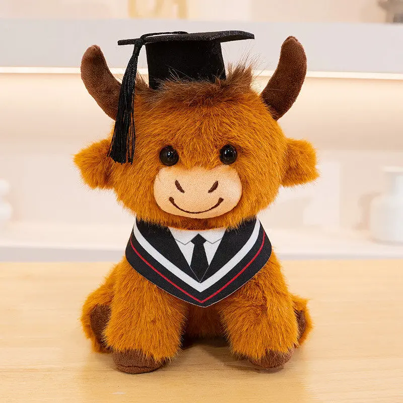 Simulation Highland Cow Plush Toy Wearing PhD Cap Cute Highland Cattle Doll Realistic Stuffed Animal Graduation Gift for Student - view 5