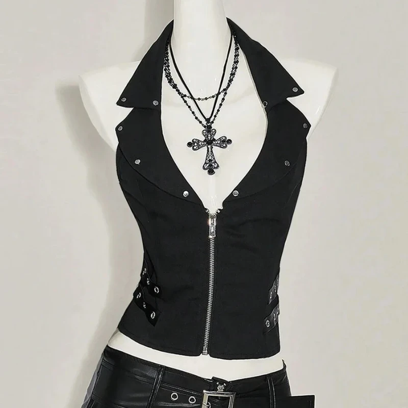 Women Lapel Halter Zip Crop Vest, Metal Rivet Side Buckle Sleeveless Slim Gothic Punk Y2K Streetwear Alt Clubwear Top
