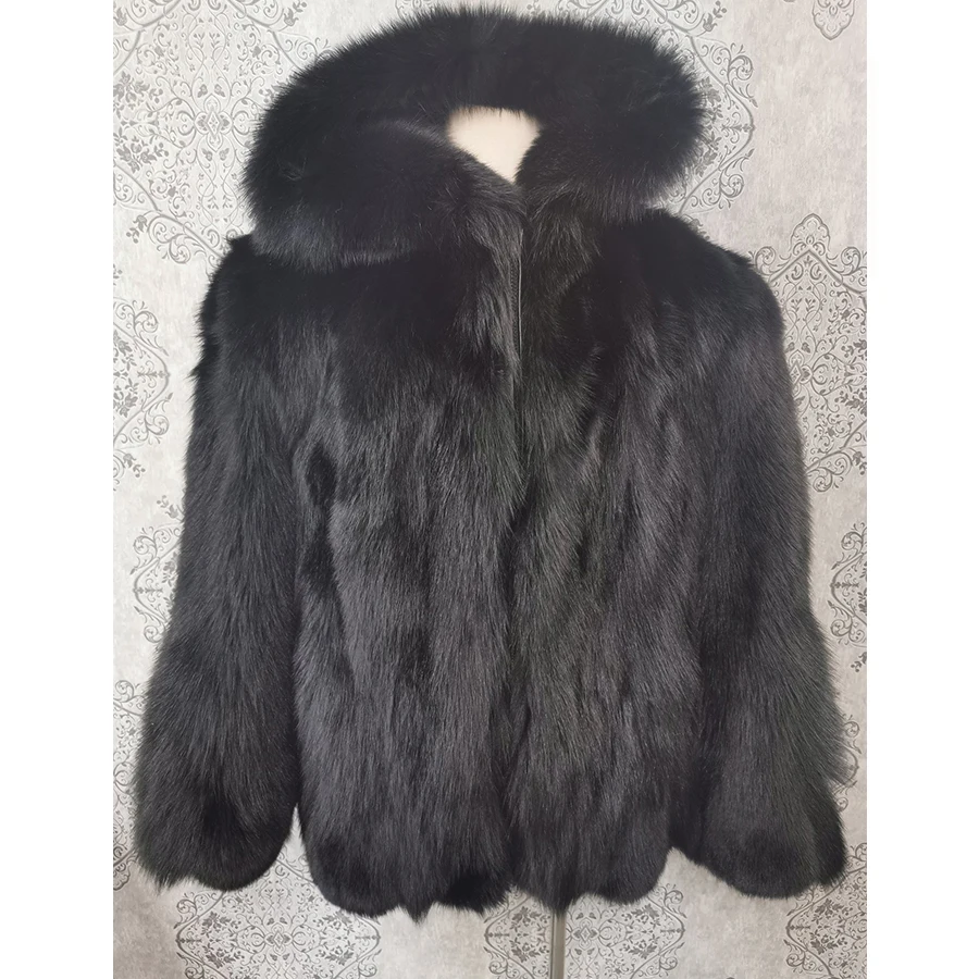 Men's Real Fur Coat Real Fox Fur Coats With Hood Black Luxury Winter Fur Jackets Man Natural Fur