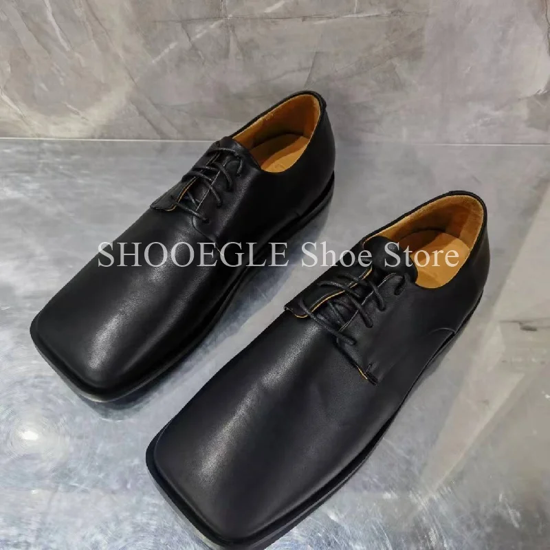 Black Square Toes Single Layer Leather Loafers Men's Shoes Cattlehide Men Lace-up Oxfords Shoes Male Comfort Office Casual Shoes