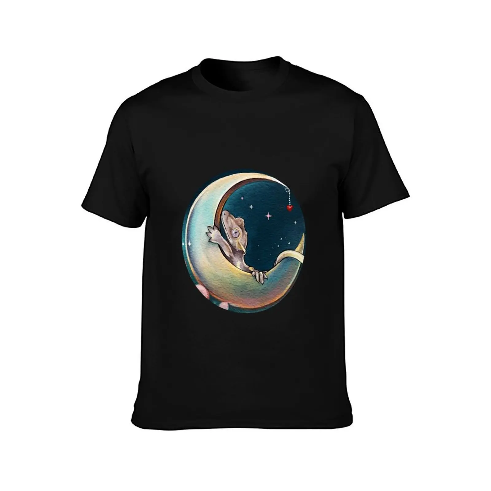Bedtime Lilly White Crested Gecko Moon Art T-Shirt Outdoor Work Short Sleeve Top