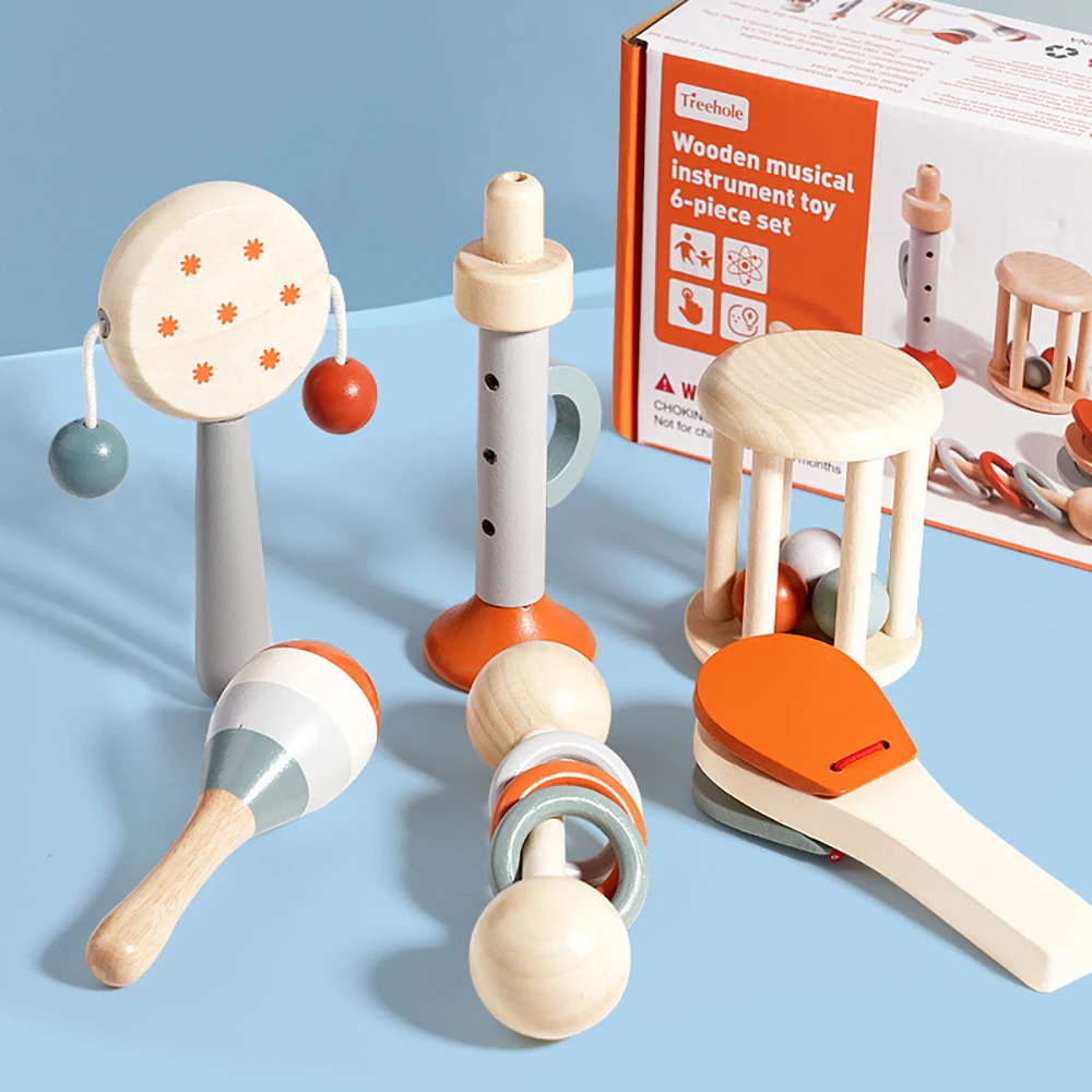Musikinstrumente aus Holz für Kleinkinder, Montessori-Musikspielzeug, Percussion-Set mit Maracas, Trompete, Kastagnetten, Geburtstagsgeschenk
